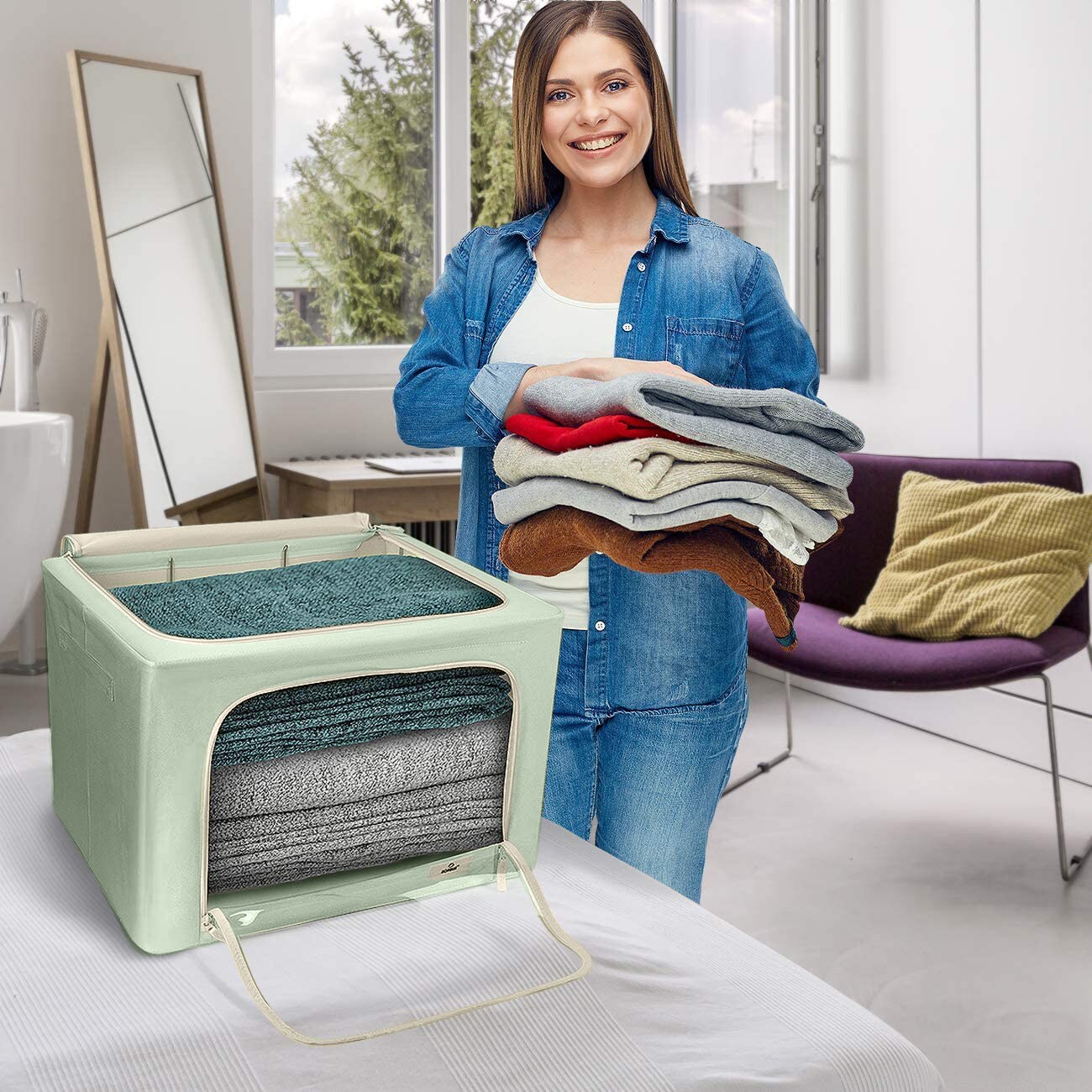 Sorbus 4 Pack Jumbo Storage Bins, Stackable & Foldable Clothes Organizer Bags with Metal Frame, Window, & Handles
