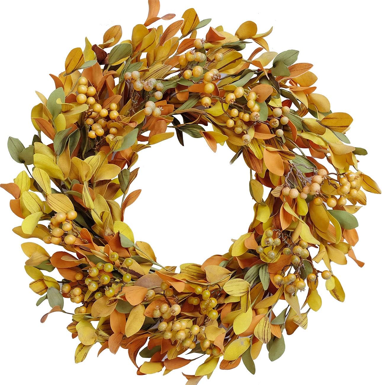 Artificial Fall Leaves Wreath 20 inch Autumn Leaves Yellow Berry Decorative Wreath for Festival Celebration for Front Door Indoor or Outdoor Wall Home Party Decor