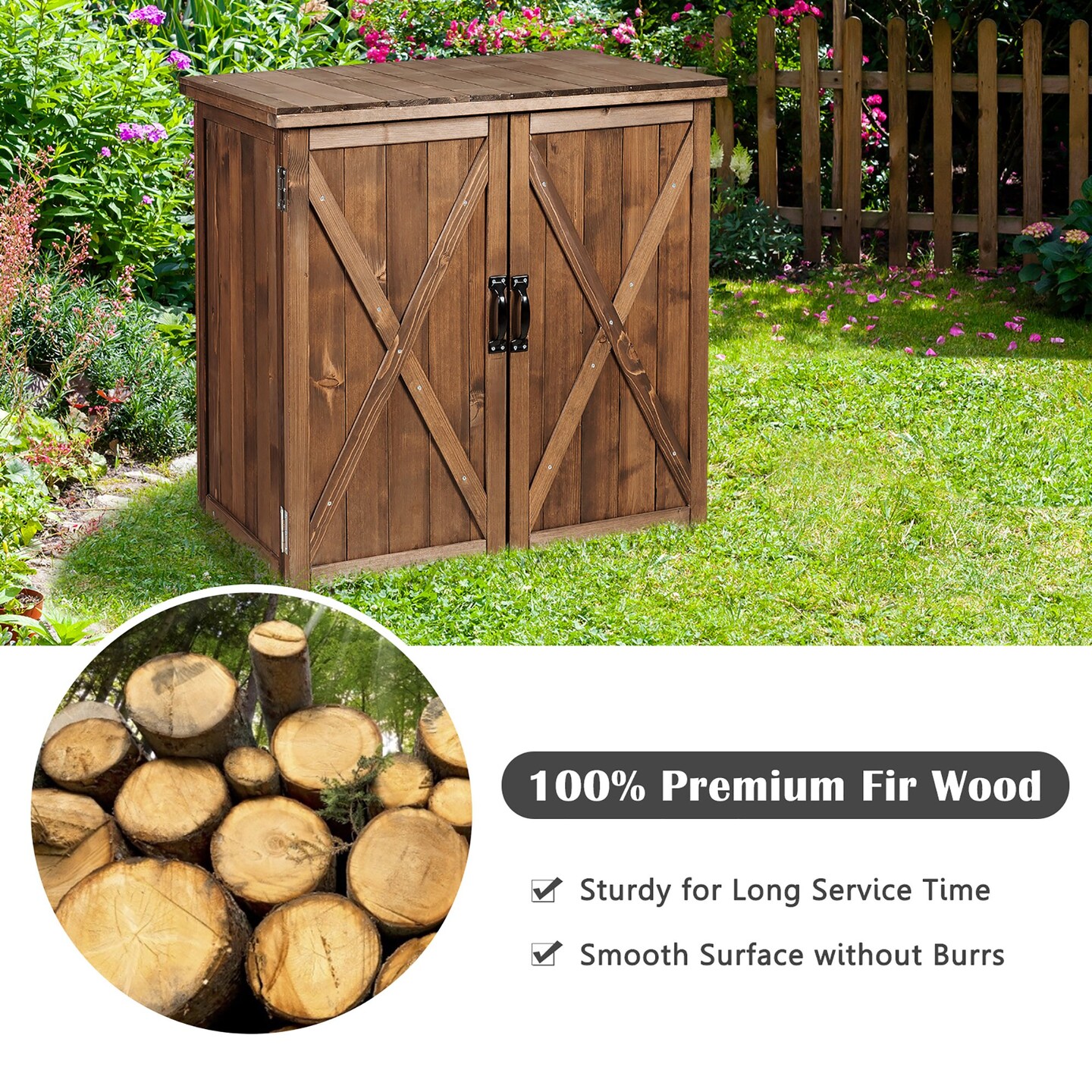 Storage Cabinet With Double Doors Solid Fir Wood Tool Shed Garden Organizer