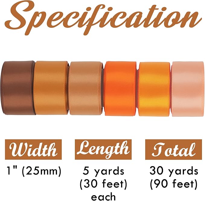 Terracotta Ribbon 1 inch Orange Double-faced Satin Ribbon Pack 6 Rolls, Silk Satin Ribbons for Fall Wedding Flower Bouquet Wrap Hair Bows Making Gift Wrapping and Crafts&#x2014;Total 30 Yards