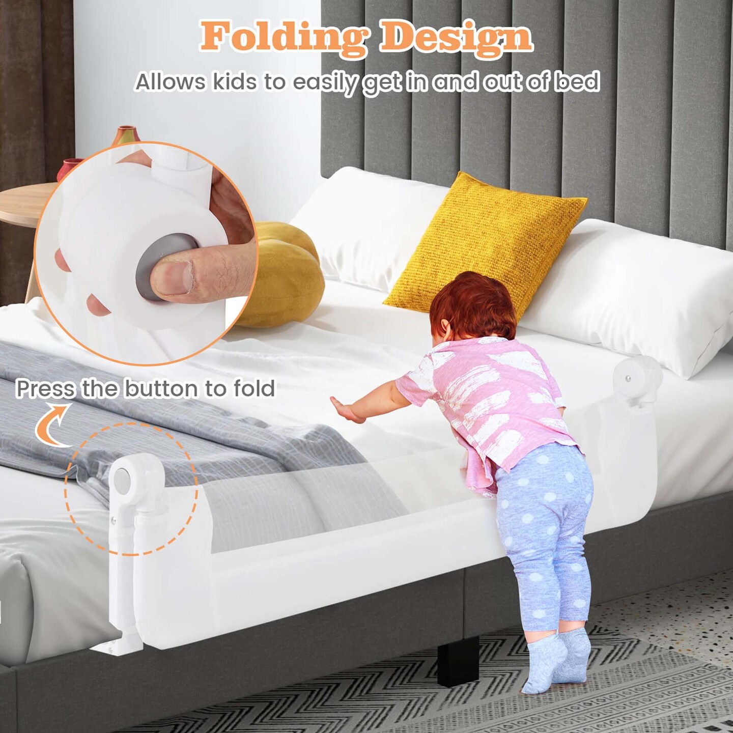 Costway 1/2 PCS 42&#x22; Toddler Foldable Bed Rail with Adjustable Safety Strap Bedrail Guard White