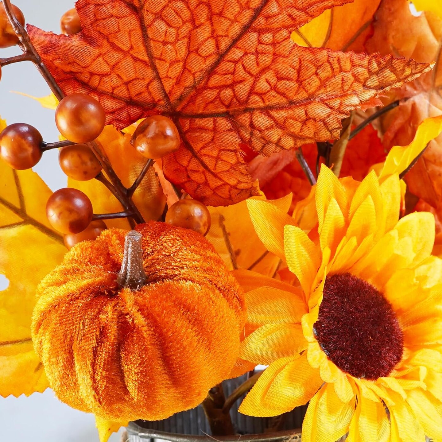 10 inch Fall Floral Arrangement in Galvanized Metal Oval Planter Artificial Autumn Harvest Maple Leaf Floral Stems Faux Potted Plants Table Centerpiece for Farmhouse Wedding Home Mantel D&#xE9;cor