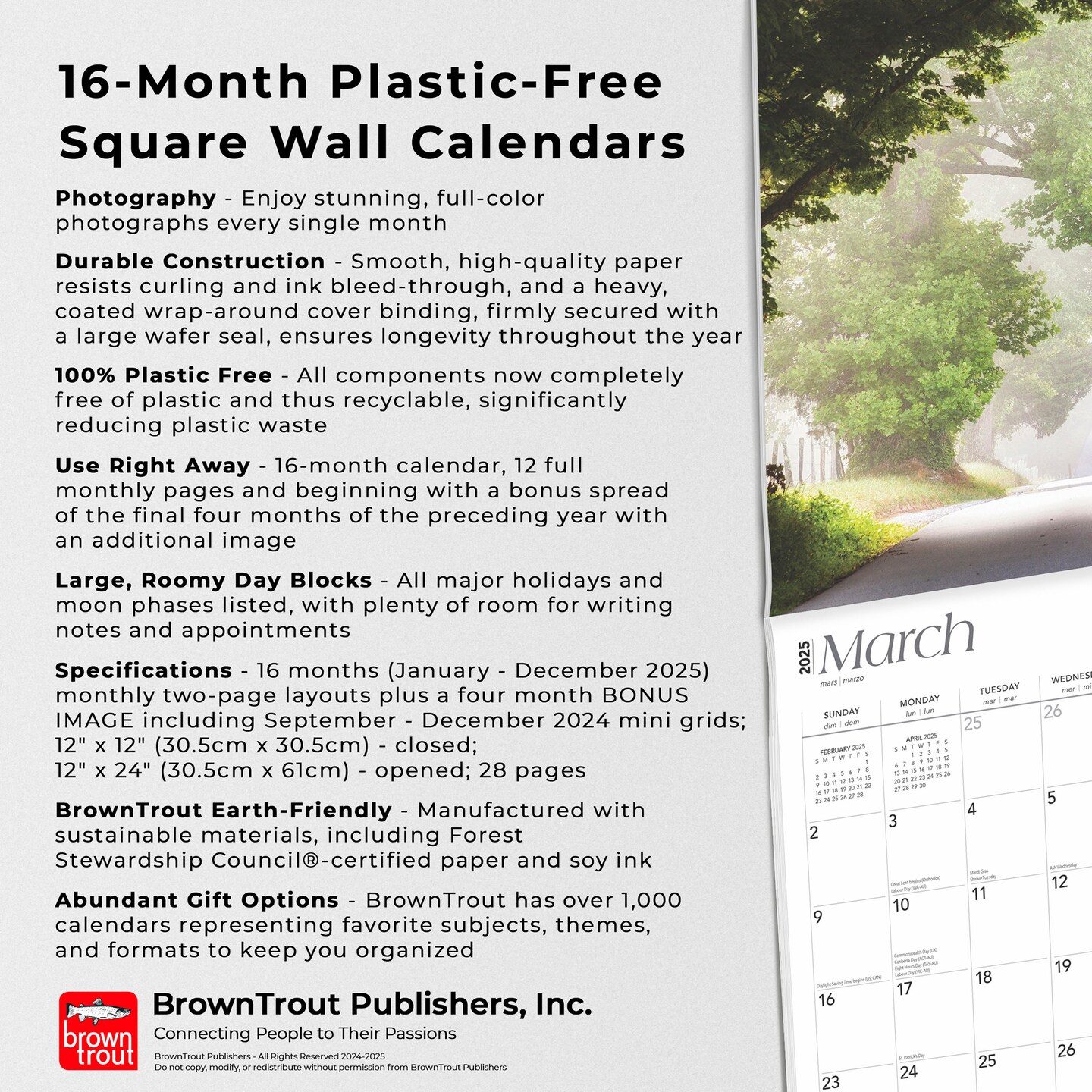 Country Roads | 2025 12 x 24 Inch Monthly Square Wall Calendar | Plastic-Free | BrownTrout | USA United States of America Scenic Rural