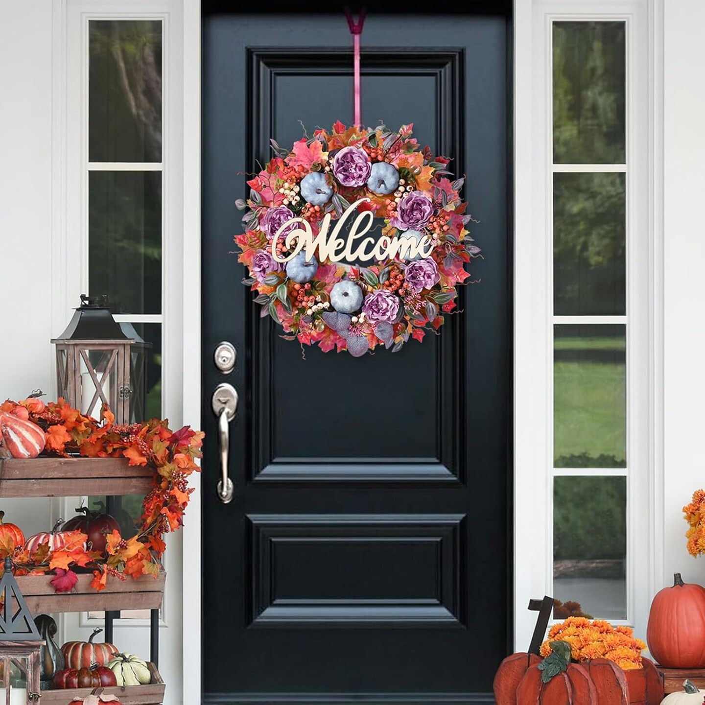 Fall Wreath - Fall Wreaths for Front Door Outside, 20&#x22; Autumn Wreath with Silk Peony Maple Leaf &#x26; Pumpkin, Handcrafted Fall Wreath with Lights for Front Door Home Thanksgiving Inside Outside Decoration