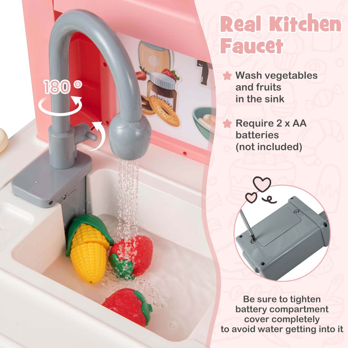 Costway Kids Pretend Kitchen Playset Role Play Kitchen Play Toy with Sink Oven Microwave Pink/Grey