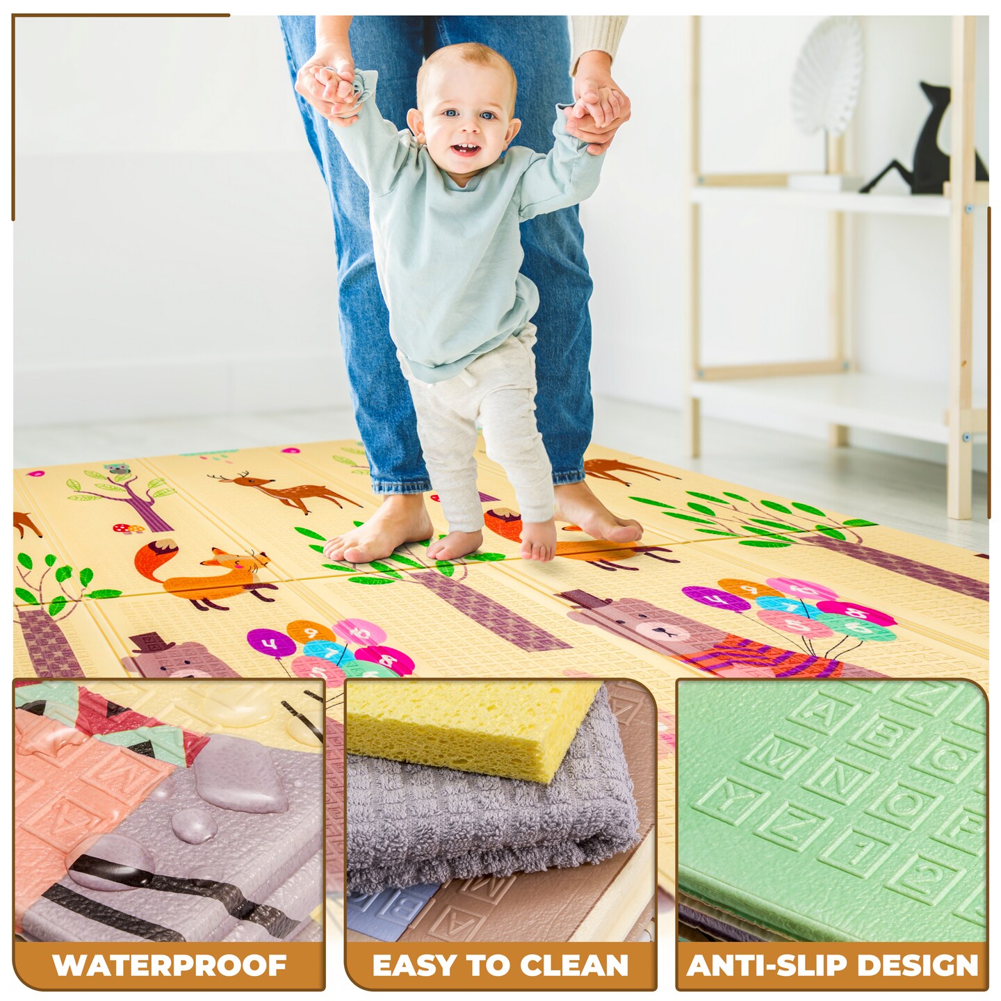 Sorbus Foldable Baby Play Mat, Kids Foam Mats for Playtime &#x26; Tummy Time with Travel Bag for Babies, Toddlers, and Kids (Woodland Buddies)