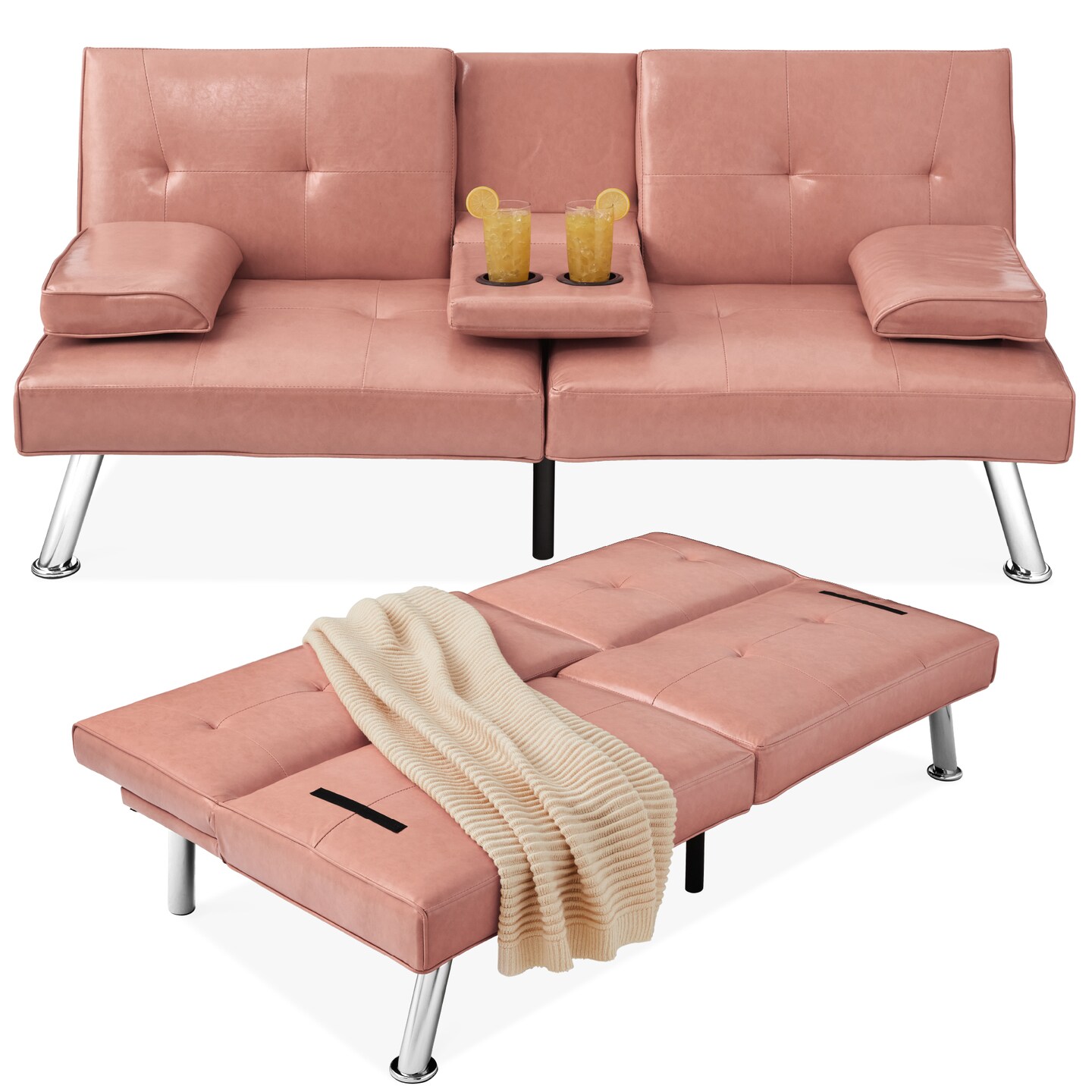 Best Choice Products Modern Faux Leather Convertible Futon Sofa w/ Removable Armrests, 2 Cupholders