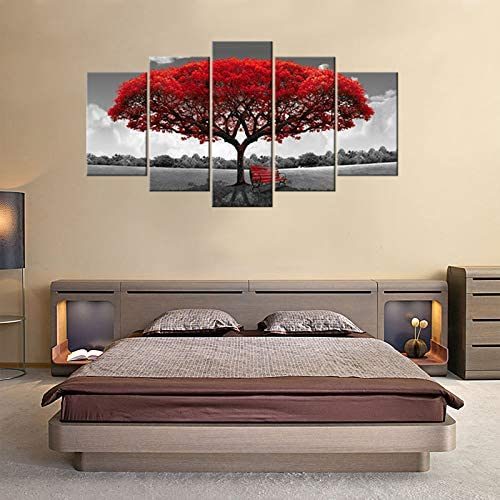 Red Tree Landscape Canvas Wall Art - Framed Modern Giclee Prints - 5 Piece Set (30x50cm, 30x65cm, 30x80cm)