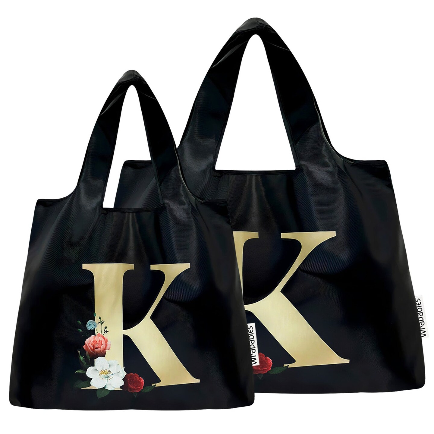 Wrapables Large & Small Nylon Reusable Grocery Bags, Initial Letter Tote Gift Bag for Wedding, Set of 2, Letter K