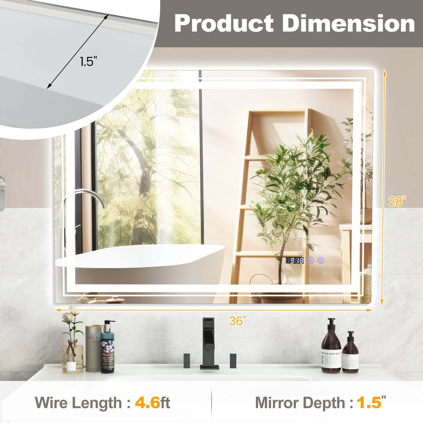 Costway 28&#x22; x 20&#x22;/32&#x22; x 24&#x22;/36&#x22; x 28&#x22; Defogging LED Bathroom Mirror Shatter-Proof Vanity Mirror 3 Colors