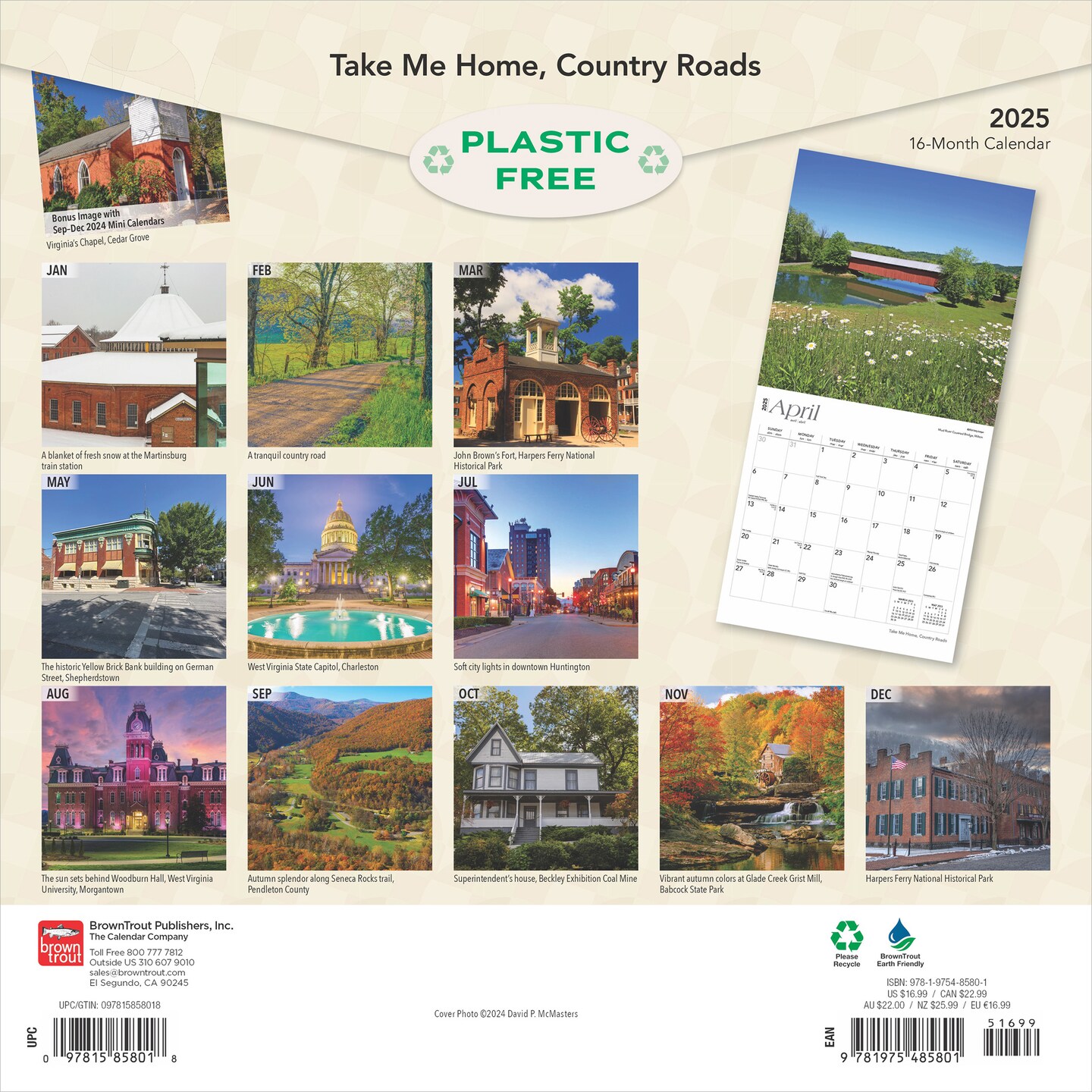 Take Me Home Country Roads | West Virginia Places | 2025 12 x 24 Inch Monthly Square Wall Calendar | Plastic-Free | BrownTrout | USA United States of America Southeast State Nature