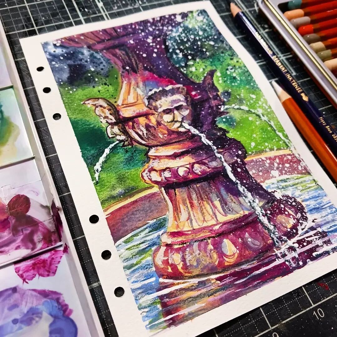 Colorful Fountain With Derwent Inktense Pan Paint