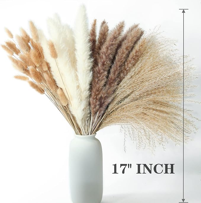 Dried Pampas Grass Decor, 100PCS Pampas grass contains bunny tails. Dried Flowers, Reed Grass Bouquet for Wedding Bohemian Flowers Home Table Decor, Rustic Farmhouse Party (White and Brown)