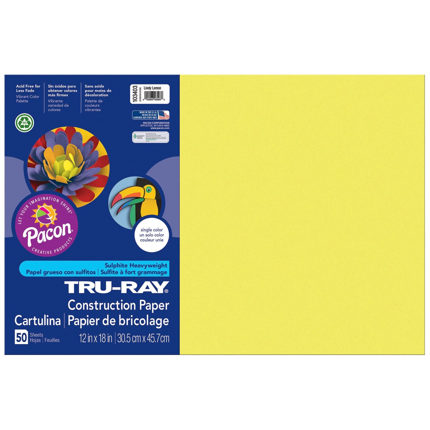 Construction Paper, Lively Lemon, 12&#x22; x 18&#x22;, 50 Sheets