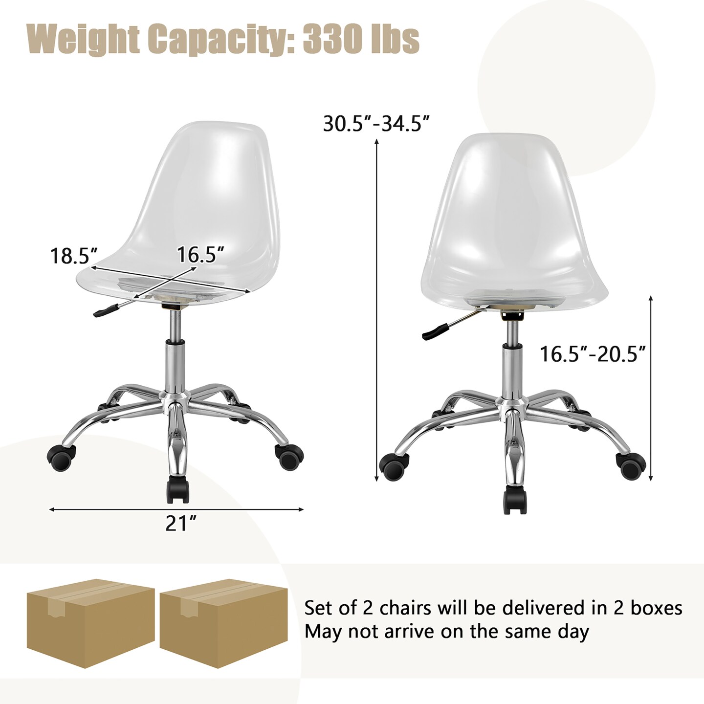 Costway Set of 2 Rolling Acrylic Armless Desk Chair Swivel Vanity Ghost Chair Adjustable