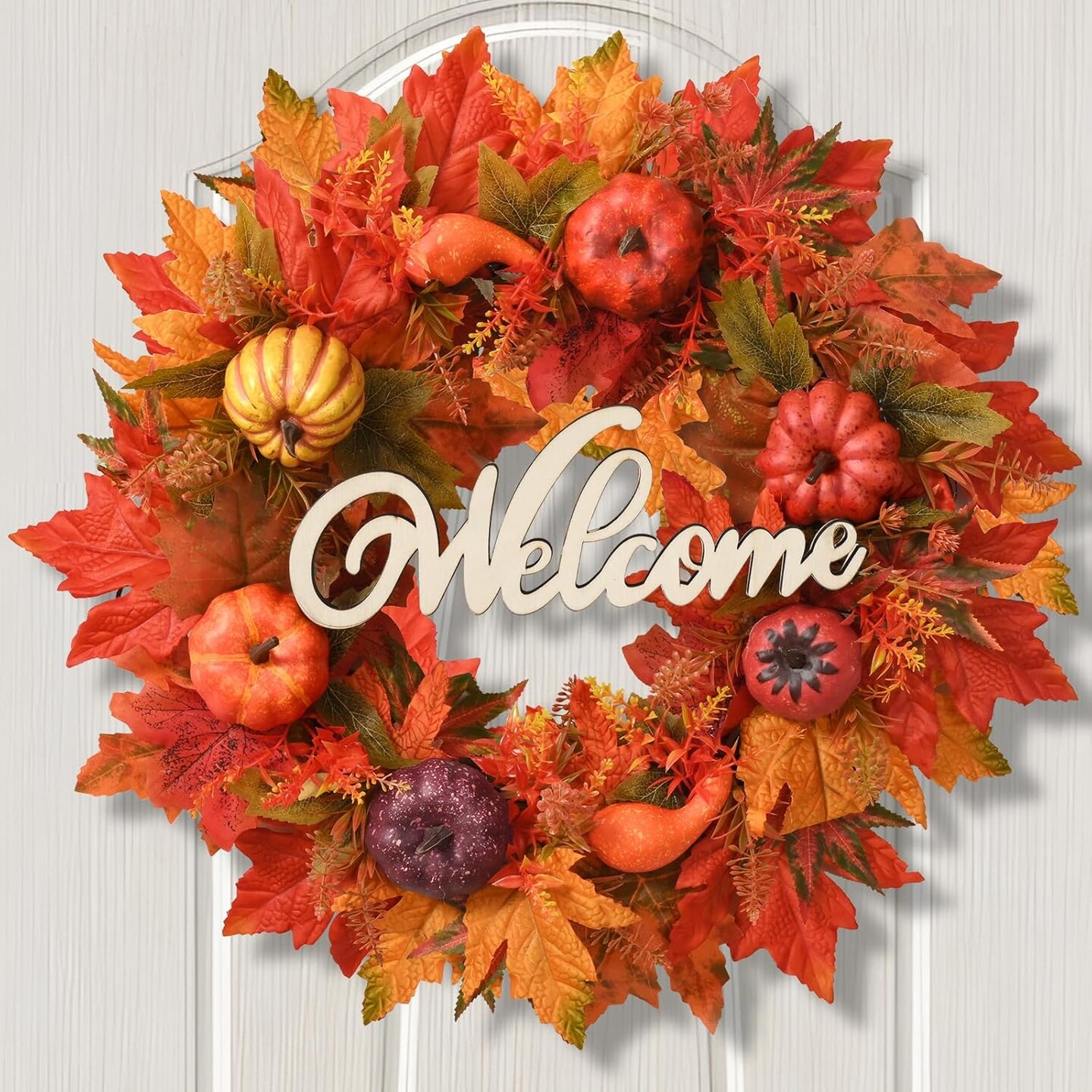 Fall Wreath - Decor Fall Wreaths for Front Doors, 20 Inch Handcrafted Autumn Wreath with Full Harvest Pumpkins and Maple Leaves, Fall Wreath Outdoor Indoor Decorations Thanksgiving Decor