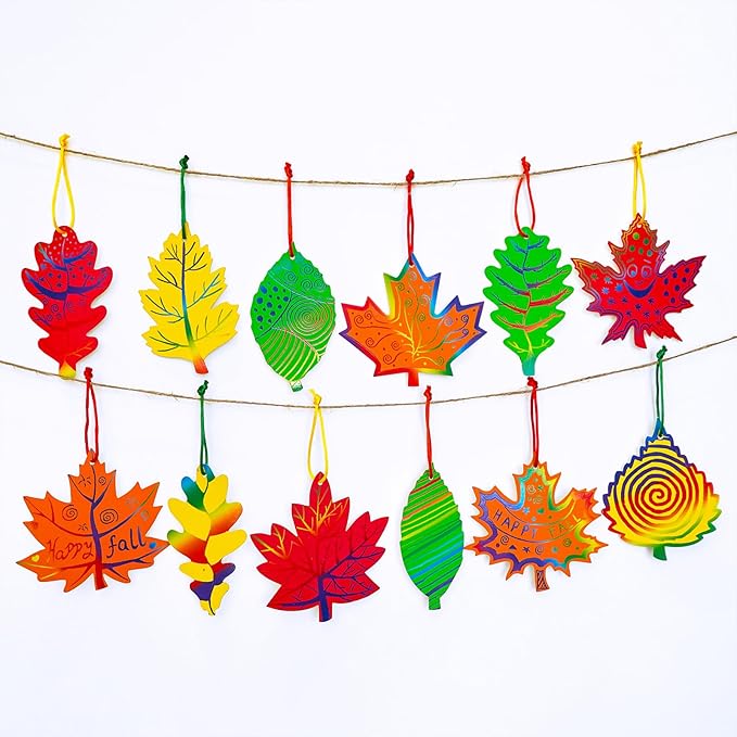 48 Sets, 12 Designs Colorful Magic Color Scratch Fall Leaves Ornament Decoration Autumn Scratch Art Leaves Fall Leaf Craft Kits for Kids Halloween Thanksgiving Classroom Activities: Party Favors