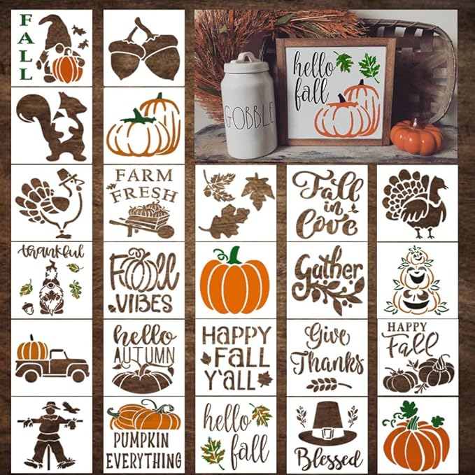 24 Pieces Fall Stencils for Painting on Wood 3&#x22; - Holiday and Fall Stencils for Crafts Reusable for DIY Decoration Ornaments Cards Signs Fabric Windows - Gnome, Pumpkin Farm, Fresh, and Hello Fall Stencil
