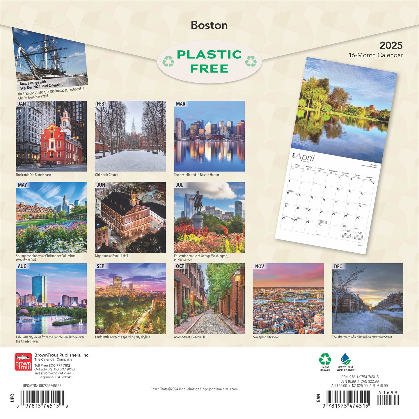 Boston | 2025 12 x 24 Inch Monthly Square Wall Calendar | Plastic-Free | BrownTrout | USA United States of America Massachusetts Northeast City