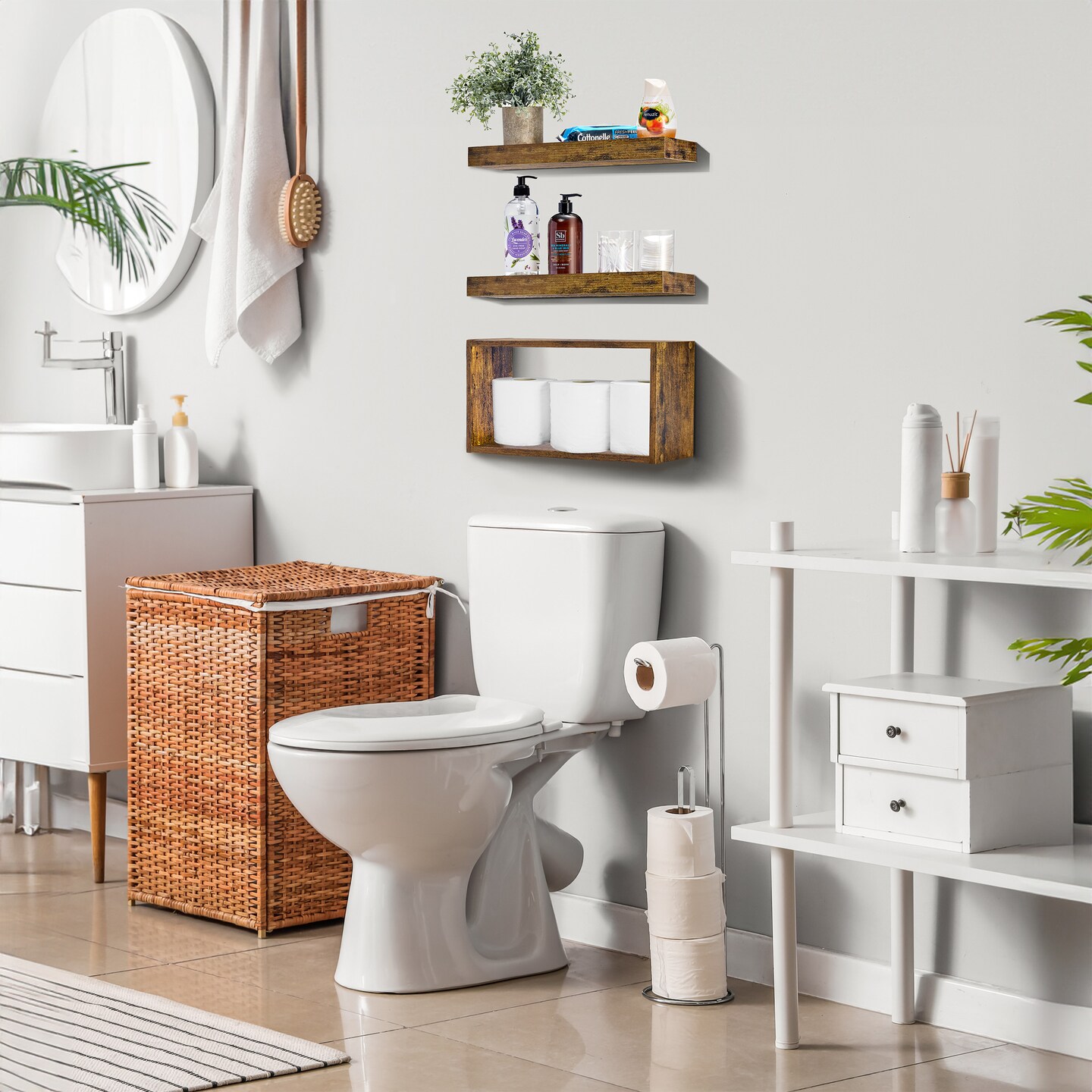 Sorbus Floating Shelves for Wall Set of 3 - Bathroom Shelves for Wall Storage, Over Toilet, Bedroom, Farmhouse, Wall Decor - 2 Floating Shelves with Invisible Brackets &#x26; 1 Rectangular Box