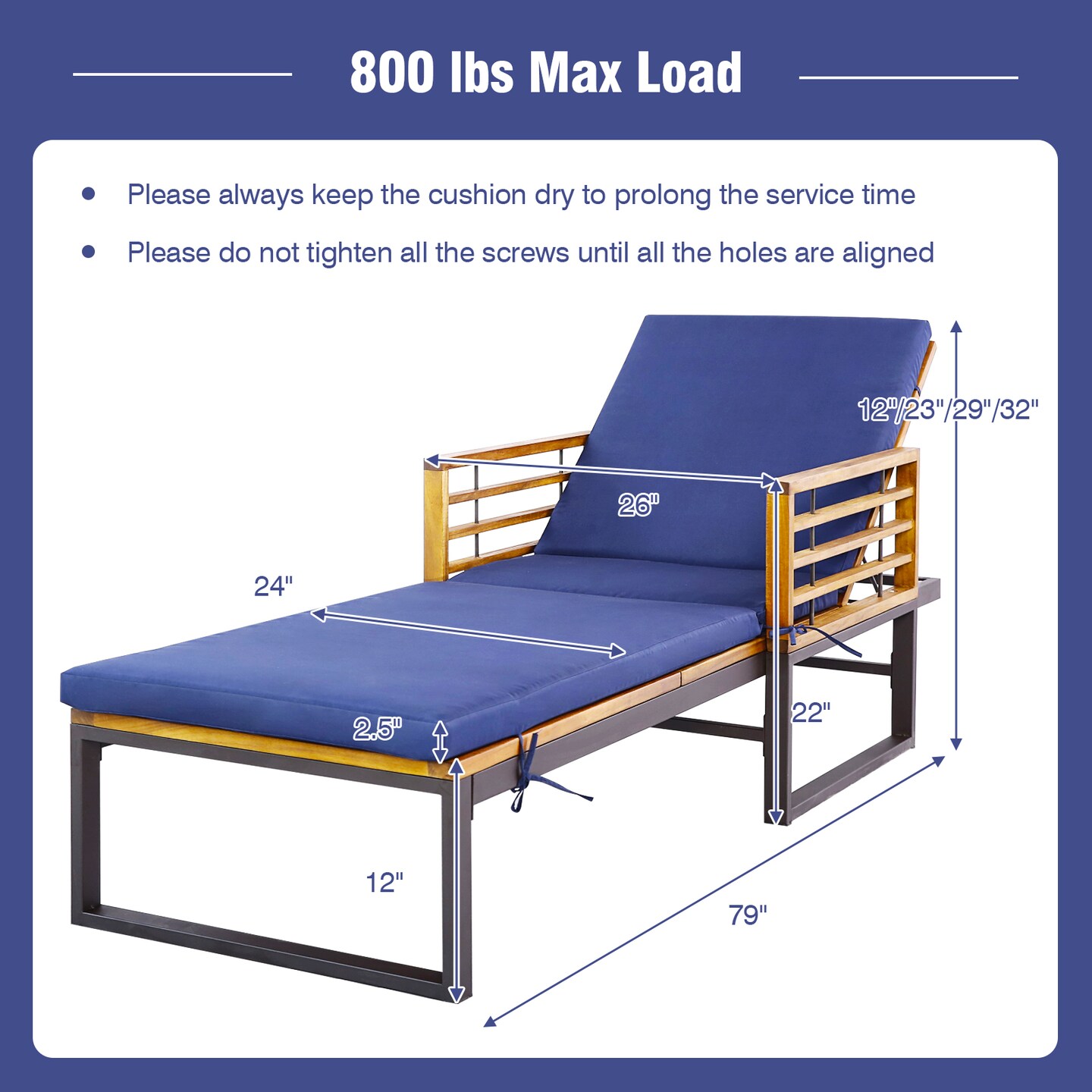 Costway Patio Cushioned Chaise Lounge Chair Adjustable Reclining Lounger Navy 800 lbs