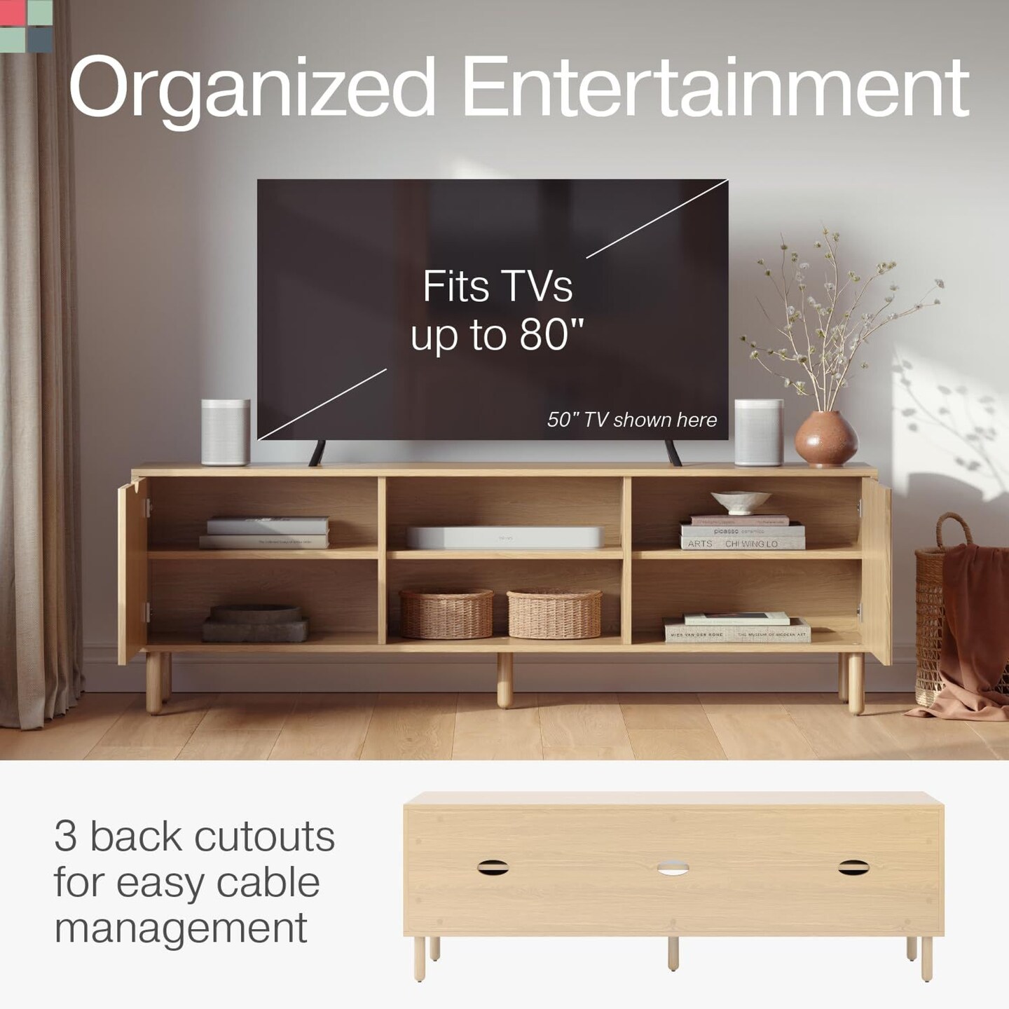 Contemporary Fluted TV Stand - Media Console - 70 Inch Entertainment Center with Storage - Console Table for Living Room and Bedrooms - Supports 32 to 80&#x22; TVs - Soft-Close Cabinet Doors (Light Oak)