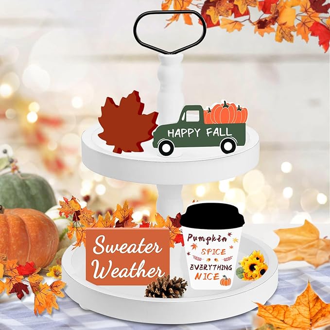 Fall Decorations for Home 4 Piece Wooden Coffee Cup Maple Leaf Car Sweater Weather Sign Farmhouse Table Tiered Tray Decor Thanksgiving Decoration