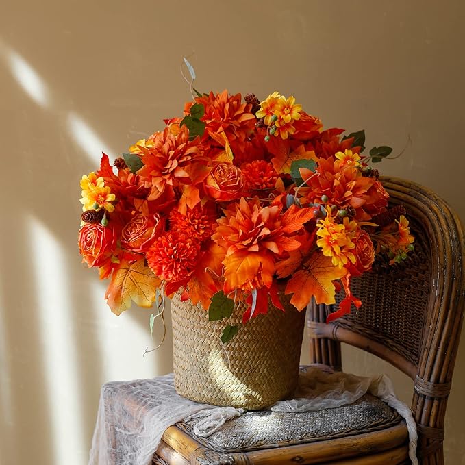 2 Pieces Fall Artificial Flowers, Fall Decor Silk Flowers Bouquet for Home Wedding Thanksgiving Decoration (Orange, 2).