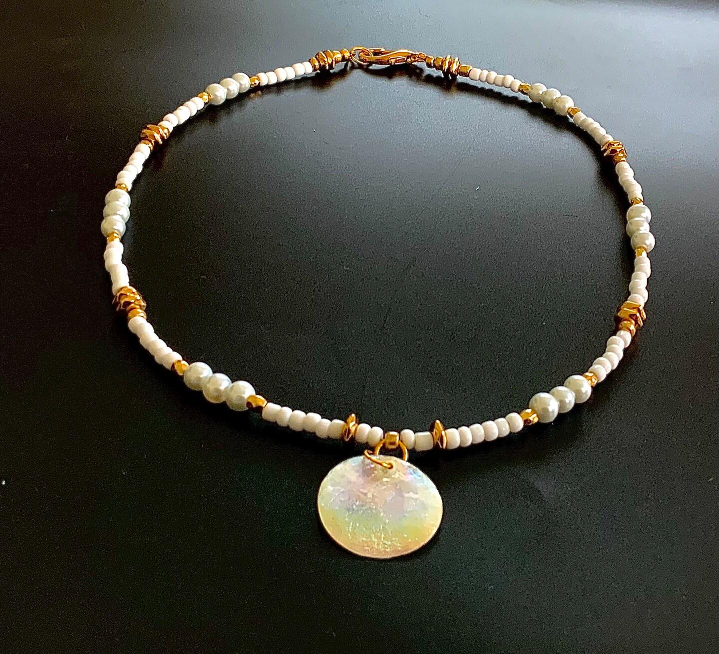White Necklace with Gold Spacers and Capiz Shell Pendant, Earrings