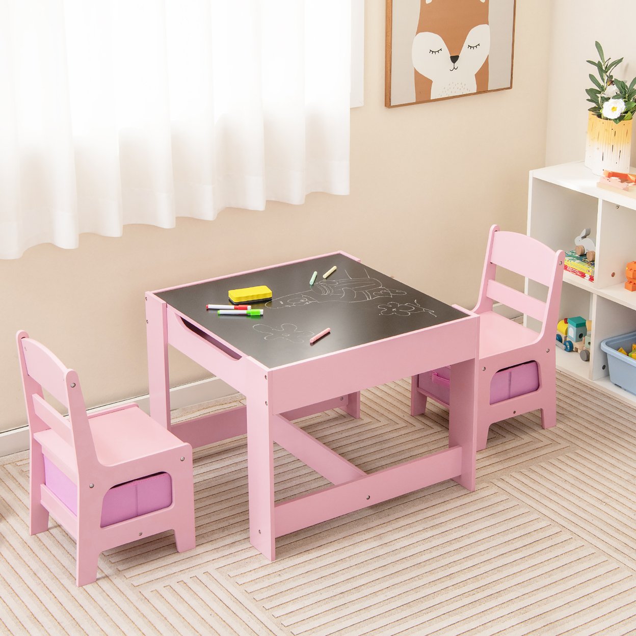 3 In 1 Kids Wood Table Chairs Set W/ Storage Box Blackboard Drawing Pink
