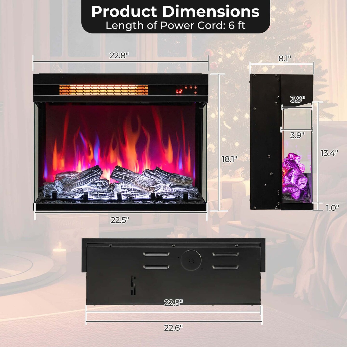 Costway 23&#x22; 3-Sided Electric Fireplace Insert Heater 1500W with Thermostat &#x26; Remote Control