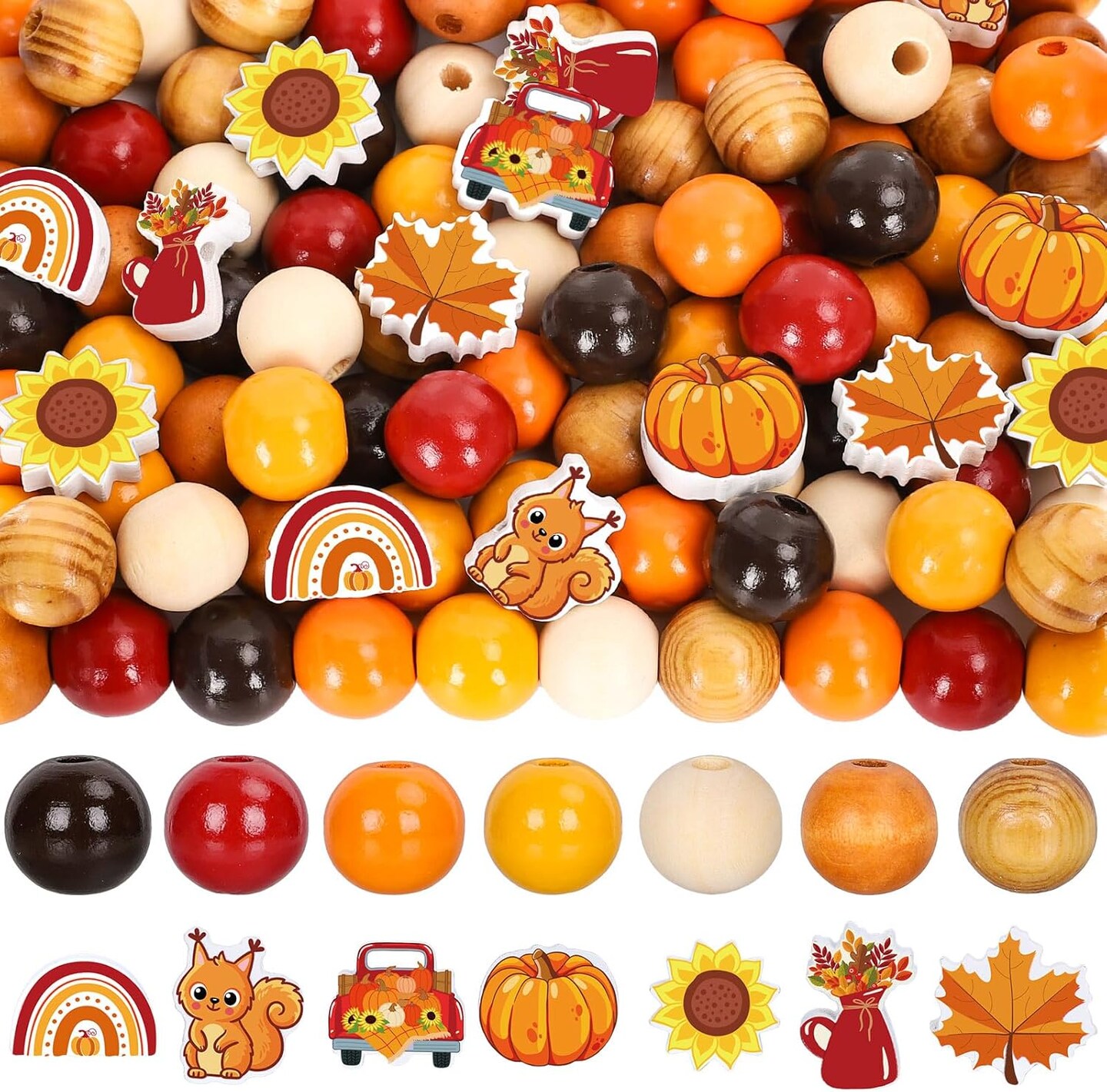 245 Pieces Fall Wooden Beads Rustic Farmhouse Craft Beads Autumn Maple Leaves Pumpkins Flower Shape Spacer Beads Natural Round Beads for Thanksgiving DIY Craft Making Bracelet Necklace Decor.