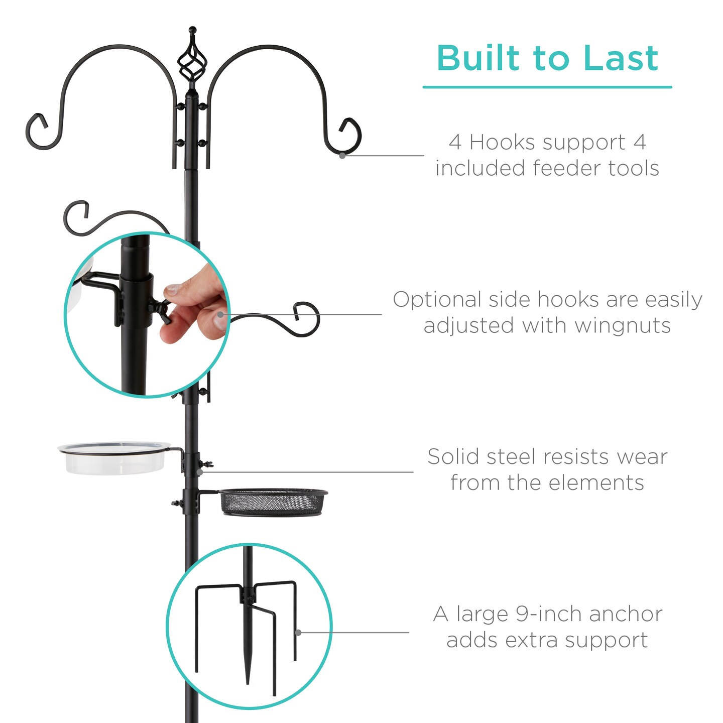 Best Choice Products 91in 4-Hook Bird Feeding Station, Steel Multi-Feeder Stand w/ 2 Feeders, Tray, Bird Bath