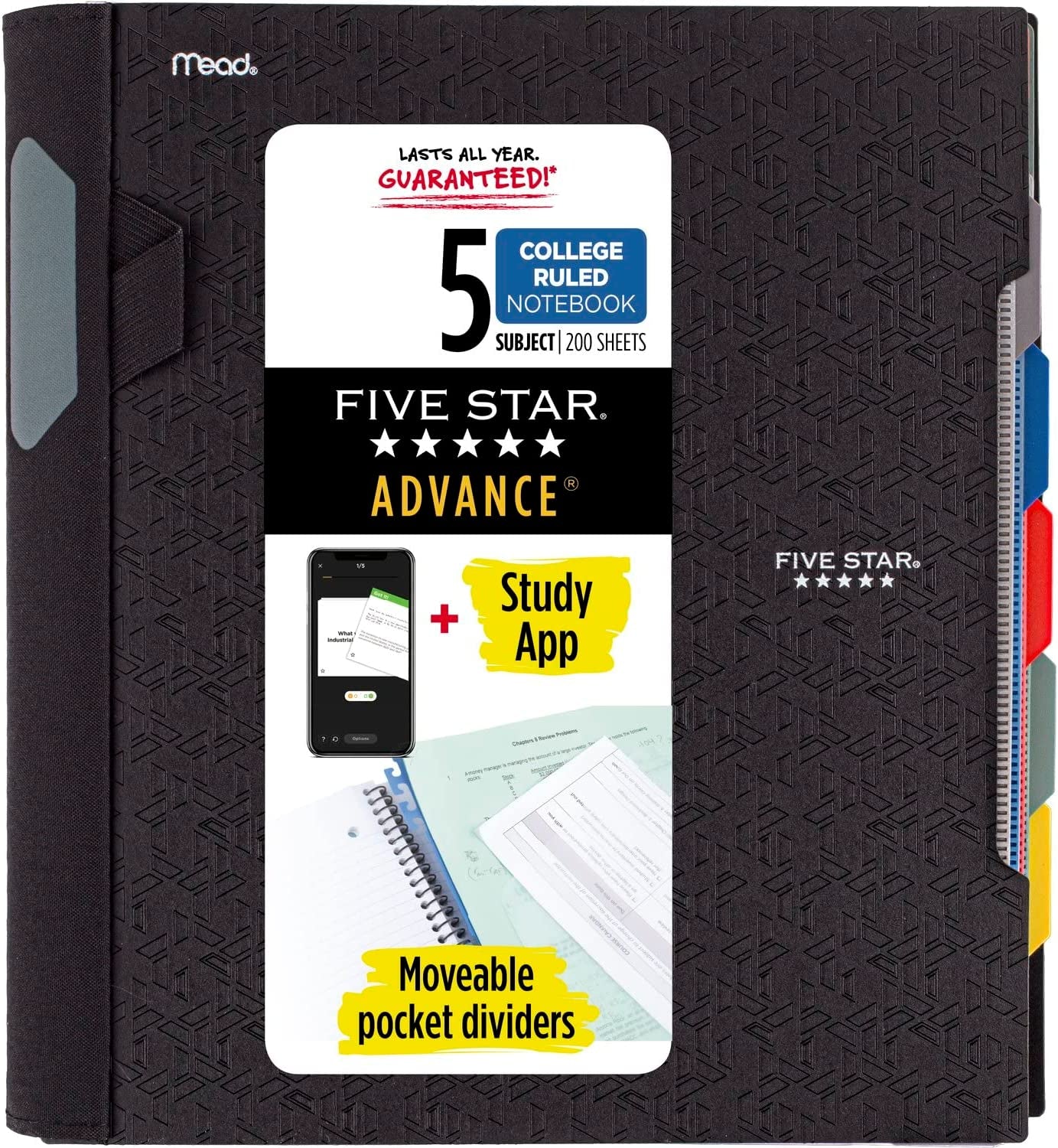 Spiral Notebook + Study App, 5 Subject, College Ruled Paper, Advance Notebook with Spiral Guard, Movable Tabbed Dividers and Expanding Pockets, 8-1/2&#x22; X 11&#x22;, 200 Sheets, Black (73144)