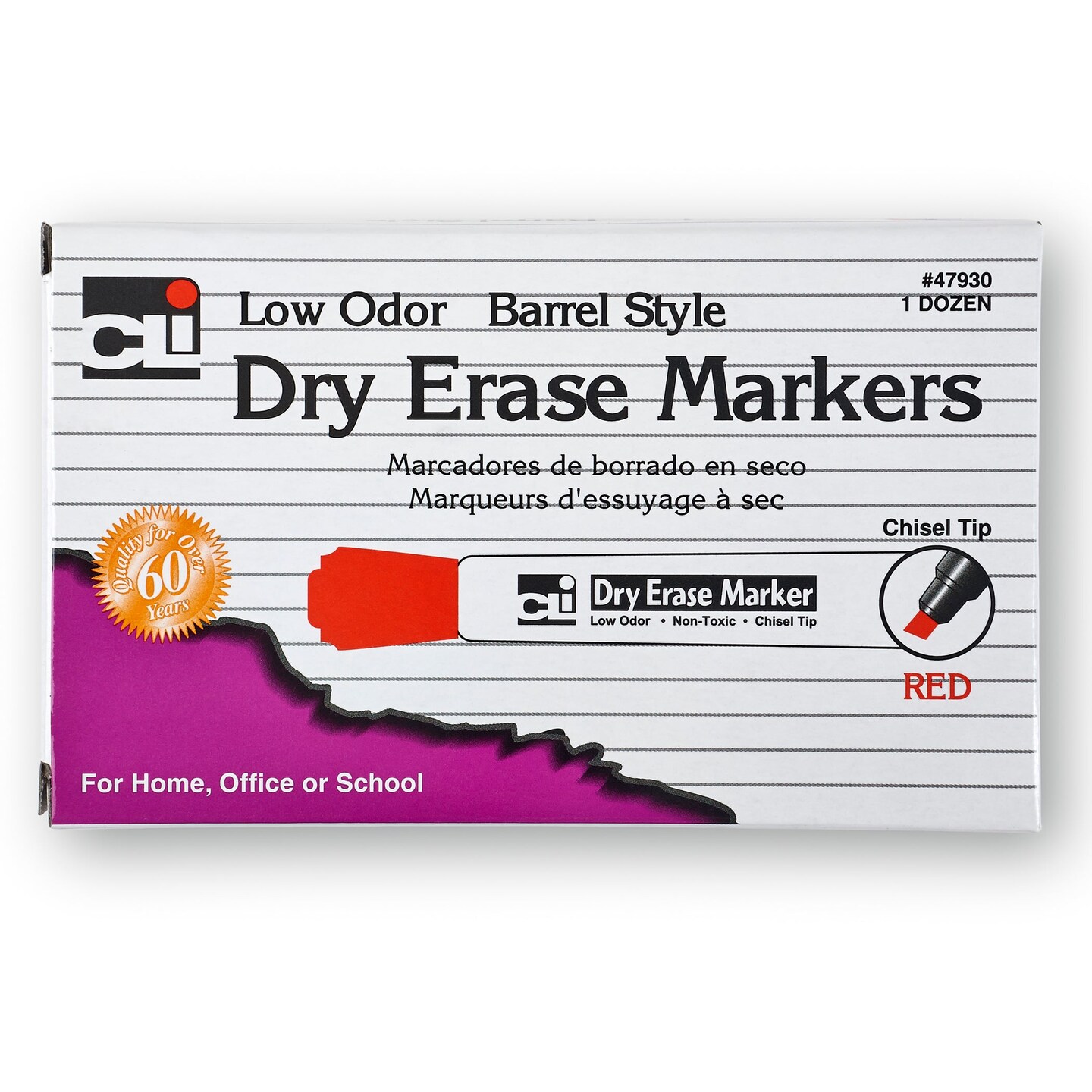Dry Erase Markers, Barrel Style, Chisel Tip, Red, Pack of 12