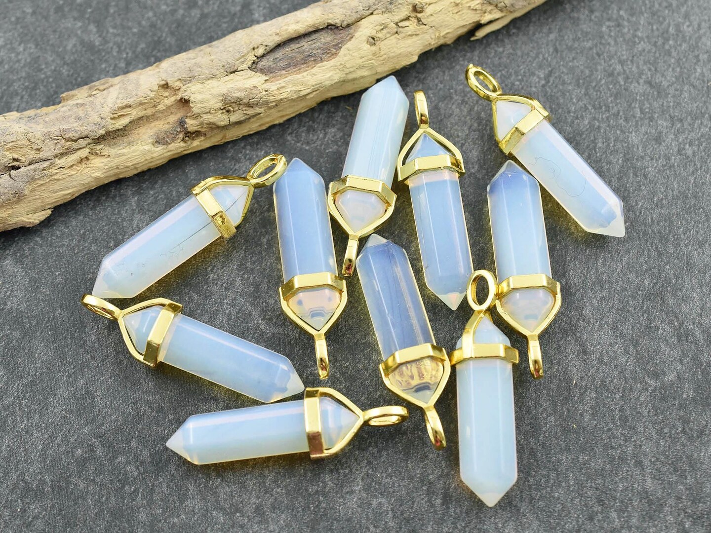 40mm Gold Tone Natural Opalite Double Terminated Bullet Pendant