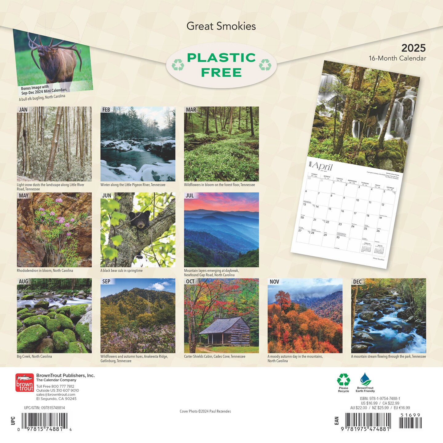 Great Smokies | 2025 12 x 24 Inch Monthly Square Wall Calendar | Plastic-Free | BrownTrout | USA United States of America Scenic Nature Mountain