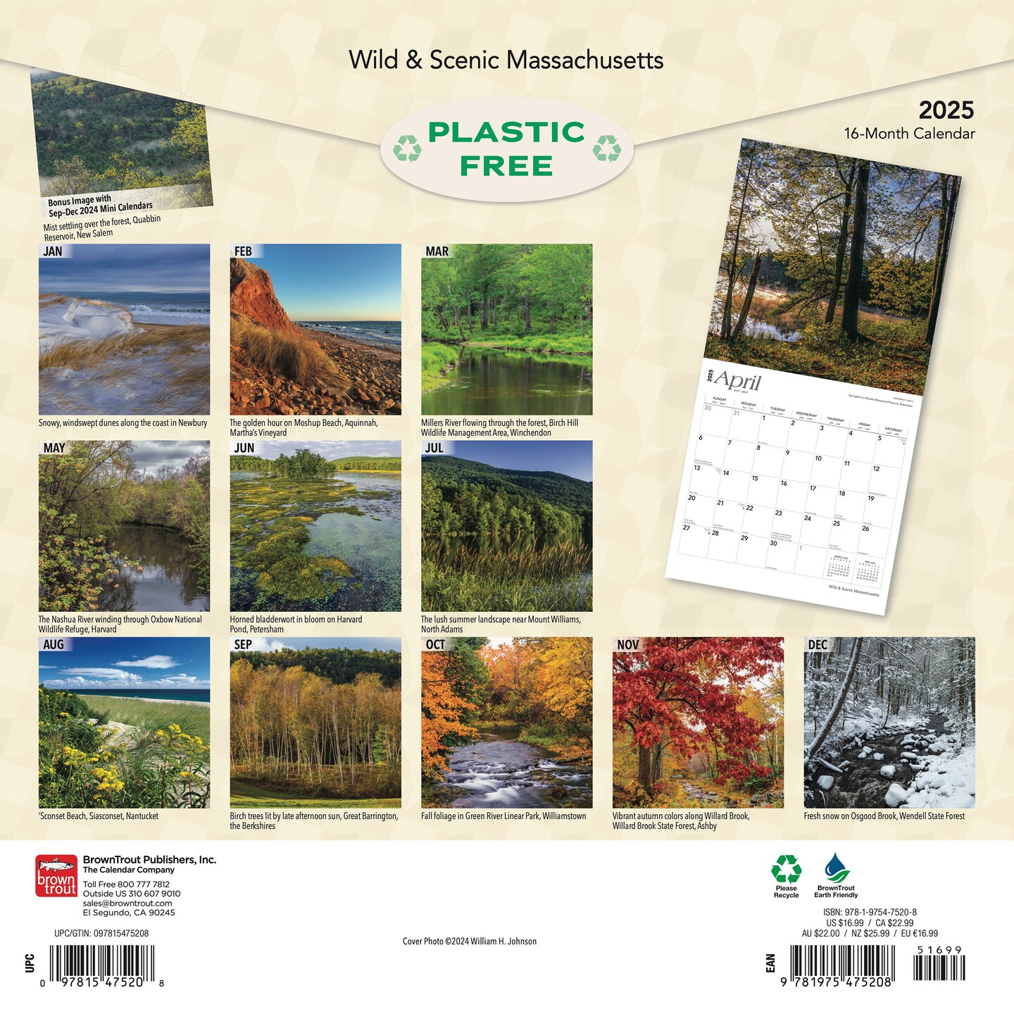 Massachusetts Wild &#x26; Scenic | 2025 12 x 24 Inch Monthly Square Wall Calendar | Plastic-Free | BrownTrout | USA United States of America Northeast State Nature