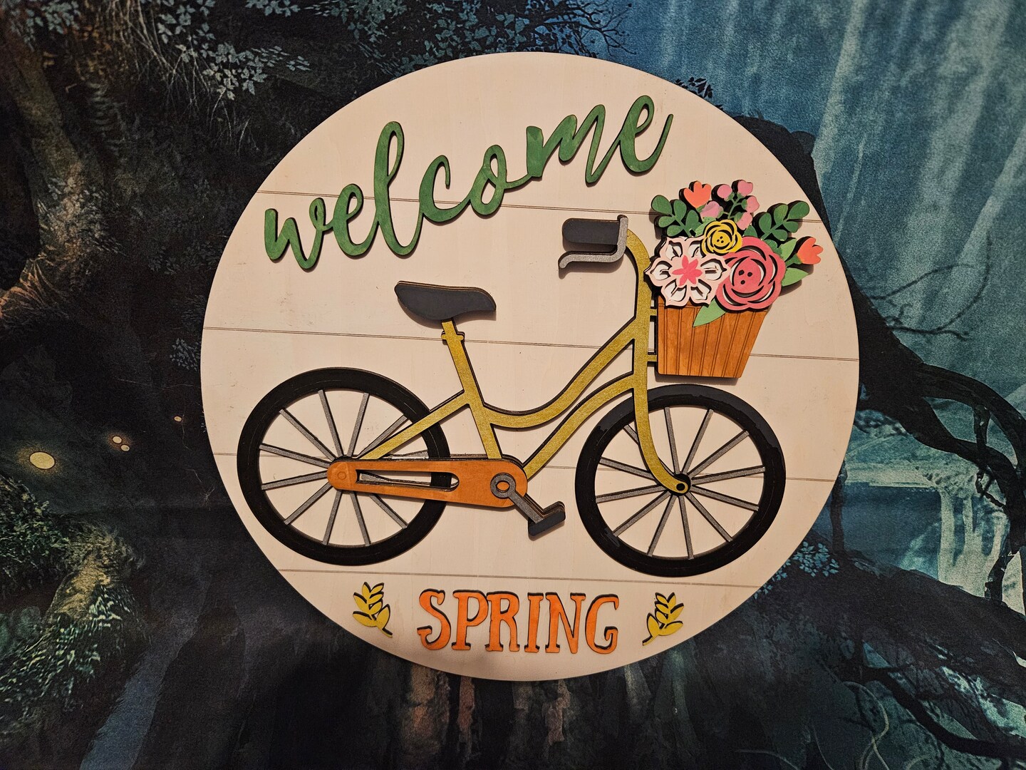 Spring door hanger sign Welcome Spring bicycle with a basket of flowers  MakerPlace by Michaels - Main Image