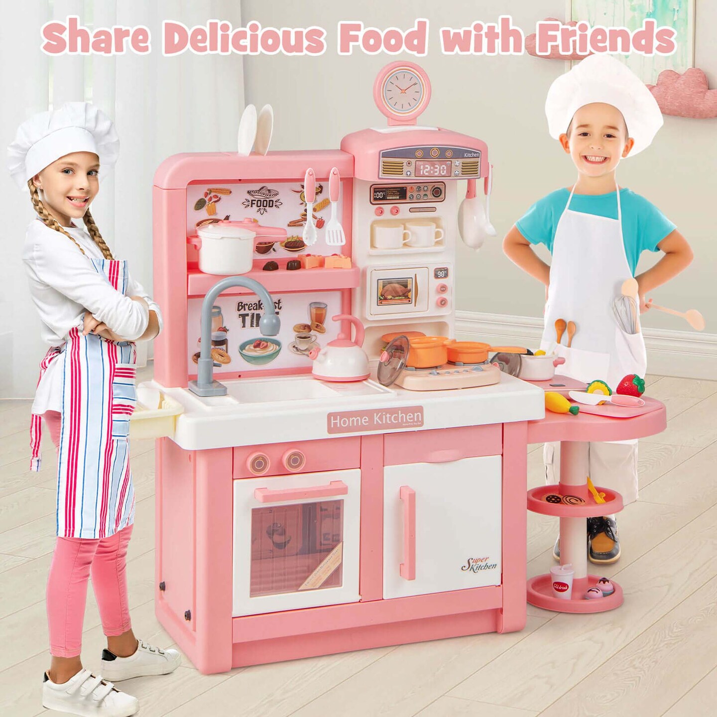Costway Kids Pretend Kitchen Playset Role Play Kitchen Play Toy with Sink Oven Microwave Pink/Grey