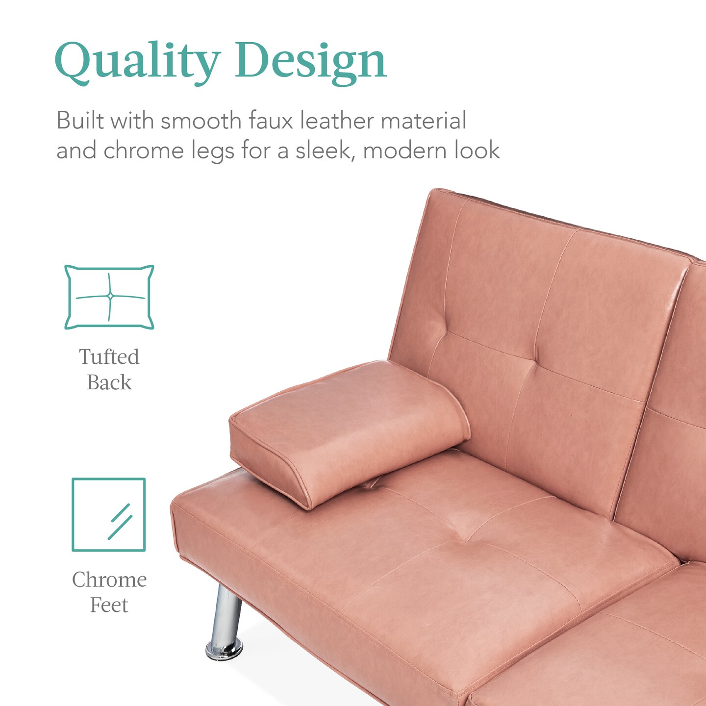 Best Choice Products Modern Faux Leather Convertible Futon Sofa w/ Removable Armrests, 2 Cupholders