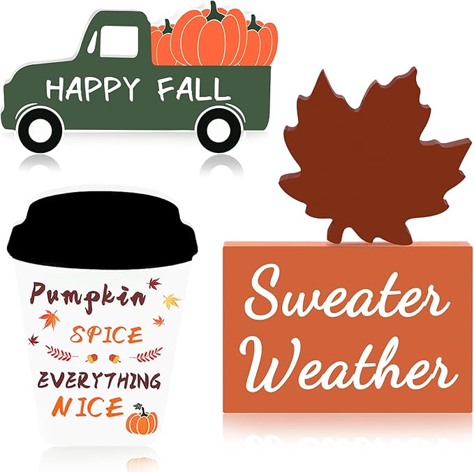 Fall Decorations for Home 4 Piece Wooden Coffee Cup Maple Leaf Car Sweater Weather Sign Farmhouse Table Tiered Tray Decor Thanksgiving Decoration