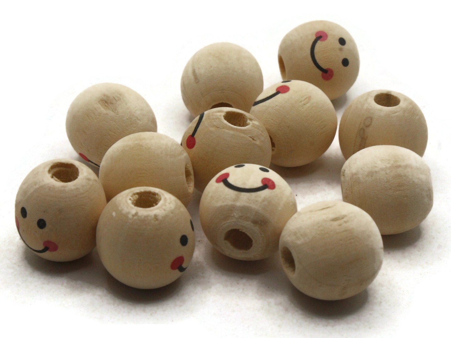 12 17mm Round Wood Smiling Face Doll Head Beads Large Hole Natural Wooden Beads