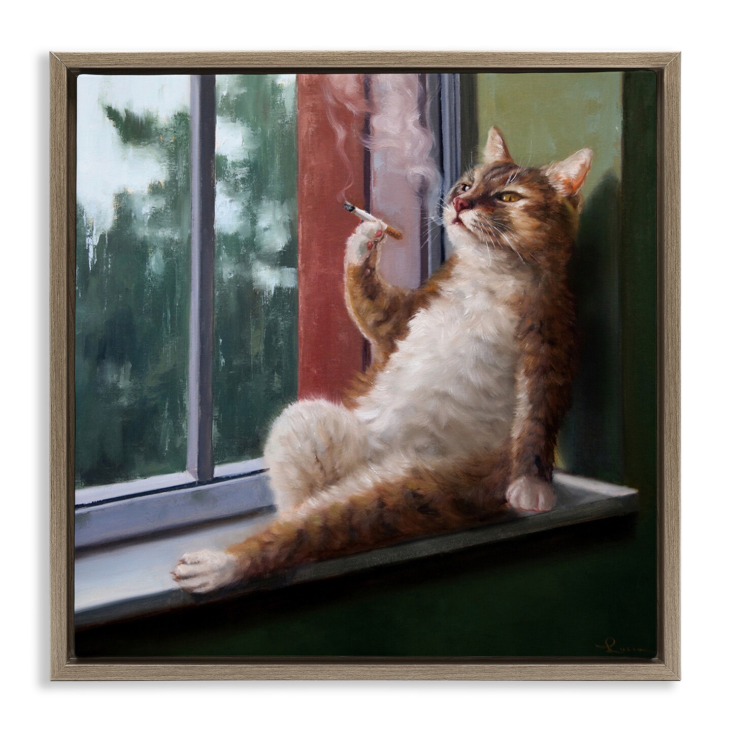 Stupell Industries Cat Smoking Lounging in Window Framed Floater Canvas Wall Art