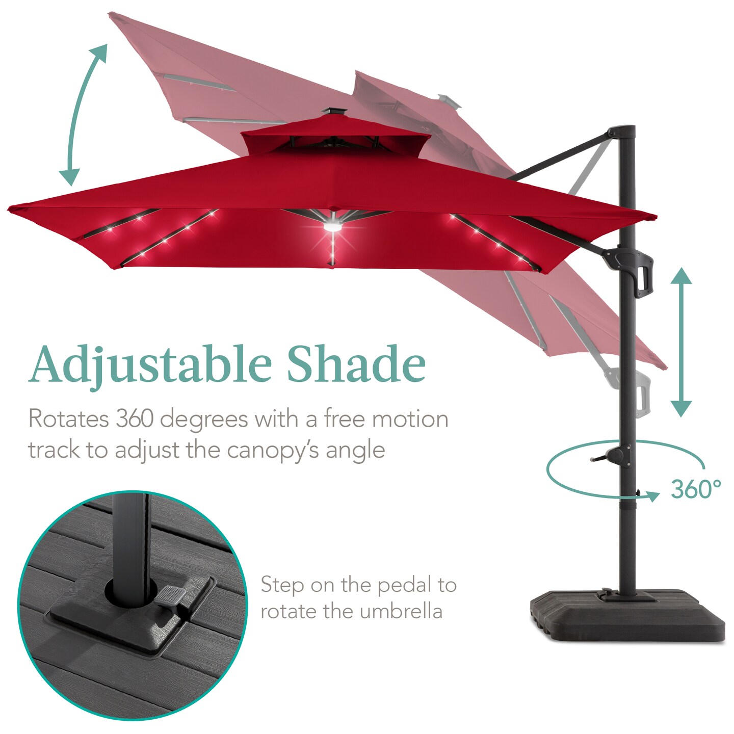 Best Choice Products 10x10ft 2-Tier Square Outdoor Solar LED Cantilever Patio Umbrella w/ Base Included