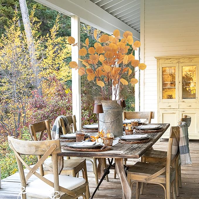 4 Pieces Artificial Eucalyptus Leaves Stems 33.8&#x22; Eucalyptus Branches Orange Fake Fall Flowers Decoration Eucalyptus Plant for Home Fireplace Farmhouse Party Wedding Table Bathroom Autumn Decorations