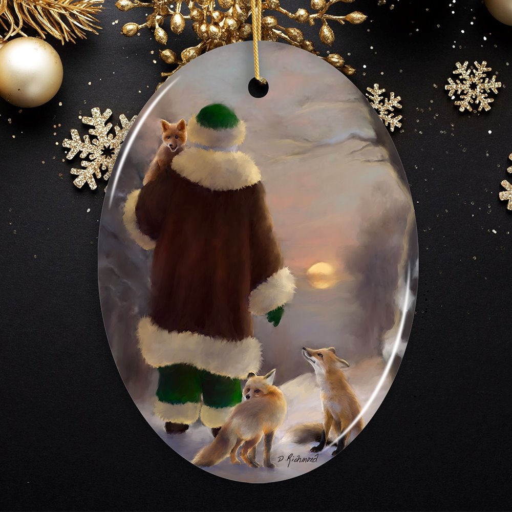 Santa&#x27;s Foxes Woodland Sunset Art Christmas Ornament