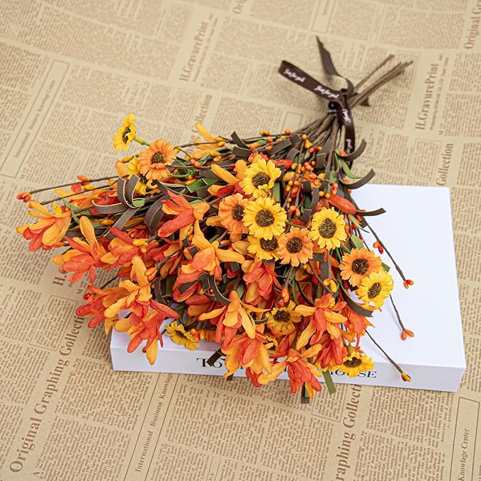 12 Artificial Fall Flowers 17 Inches Autumn Flower Arrangements Fall floral stems with daisies Forsythia Flowers Berry Branch for Vase Party Indoors Table Centrepieces Decorations