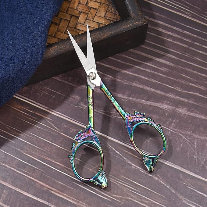 Small Embroidery Scissors, 4.7 inch Detail Cross Stitch Shears Rainbow Vintage Sharp Craft Scissor for Sewing Crochet Art Needlework Yarn Thread Snips Handicrafts Tools with Black Case