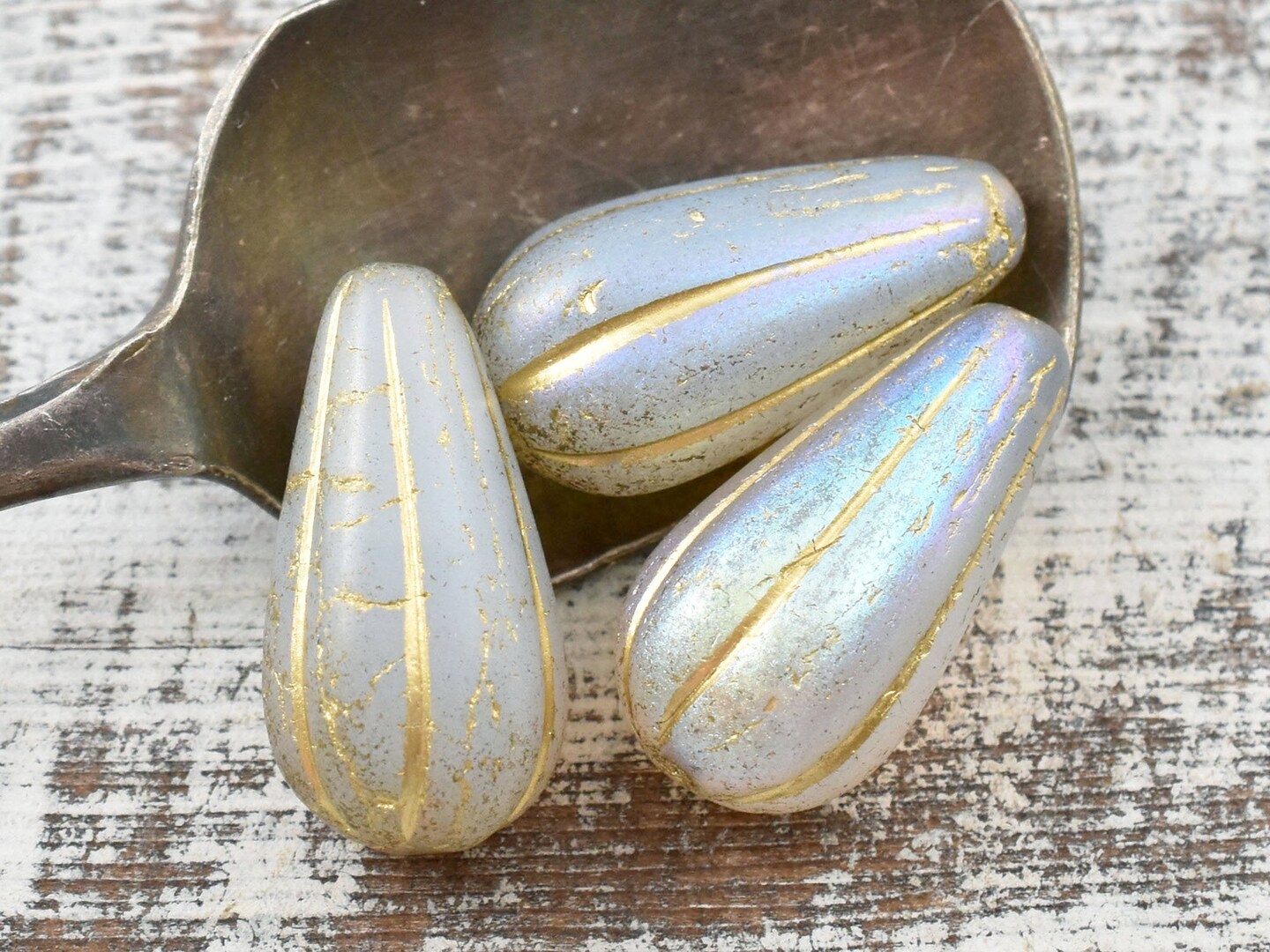 *6* 22x11mm Gold Washed Milky Crystal AB Melon Drop Beads